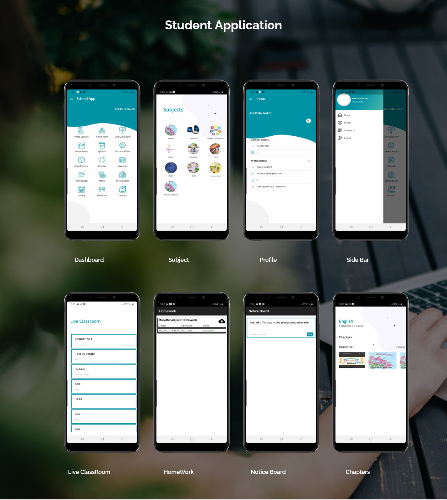 Online School Management App Screenshots — Dashboard, Subject, Profile, Sidebar, Live Classroom